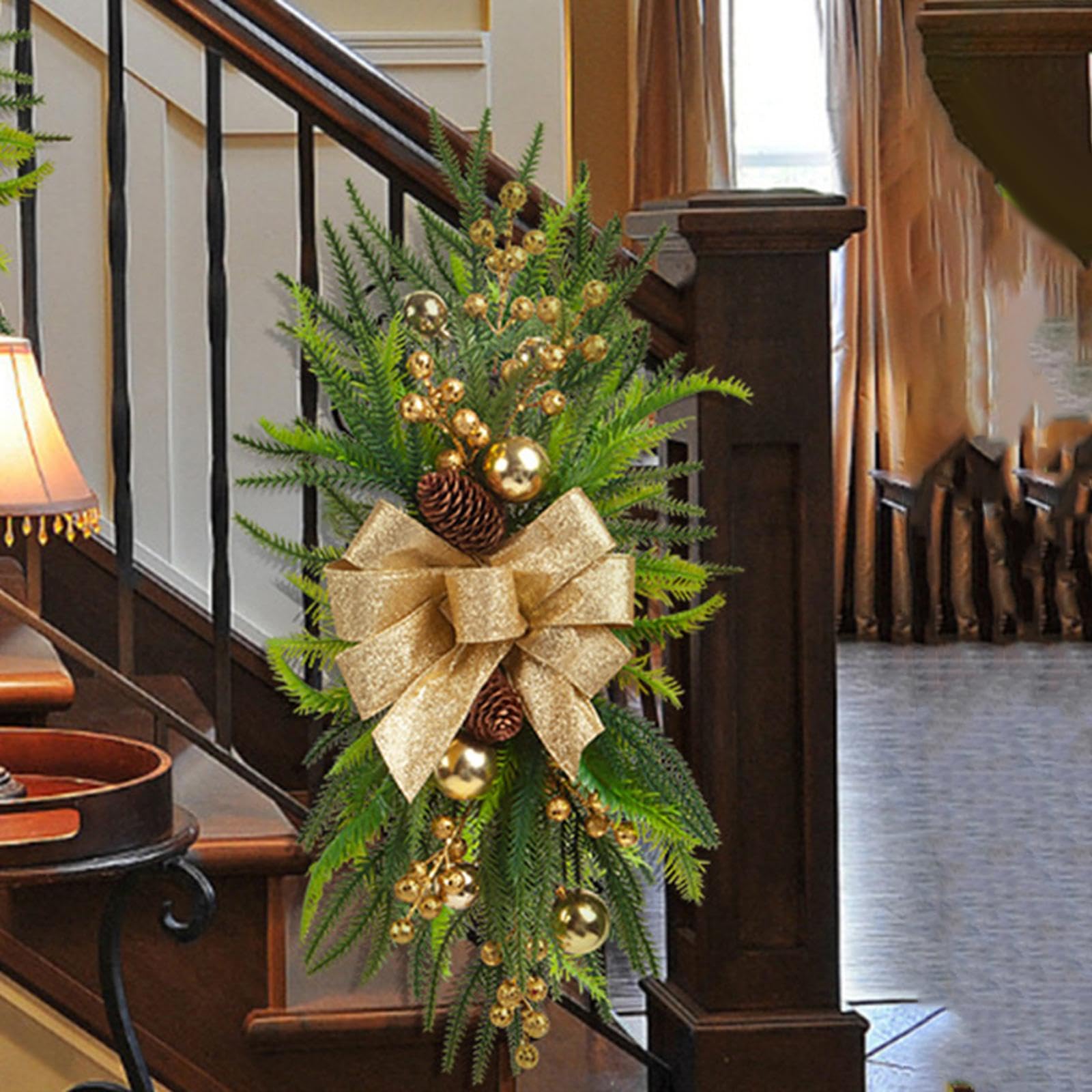 Guirnalda de Navidad Artificial Decorativa con Ramas Lazo Bolas Y Bayas Hecha de PP Y Tela Adecuada para Escalera Puerta Ventana Regalo Decoración del, Oro, Individual
