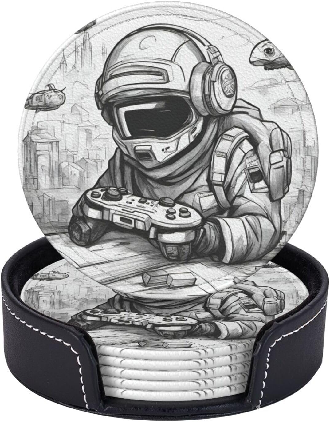 Monochrome Sketch Style Gaming Print Leather Coasters Set of 6,Pu Leather Drink Coasters with Storage Box for Home and Office image 5
