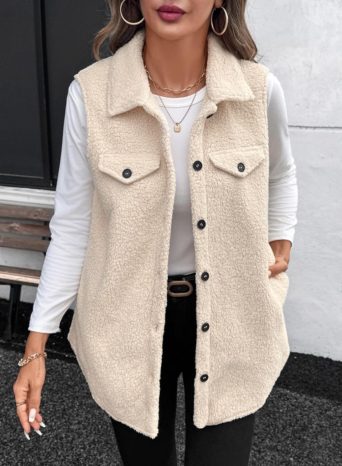 EVALESS Womens Warm Sherpa Fleece Sleeveless Button Down Long Vest Sherpa Jackets Coat Outerwear - Image 3