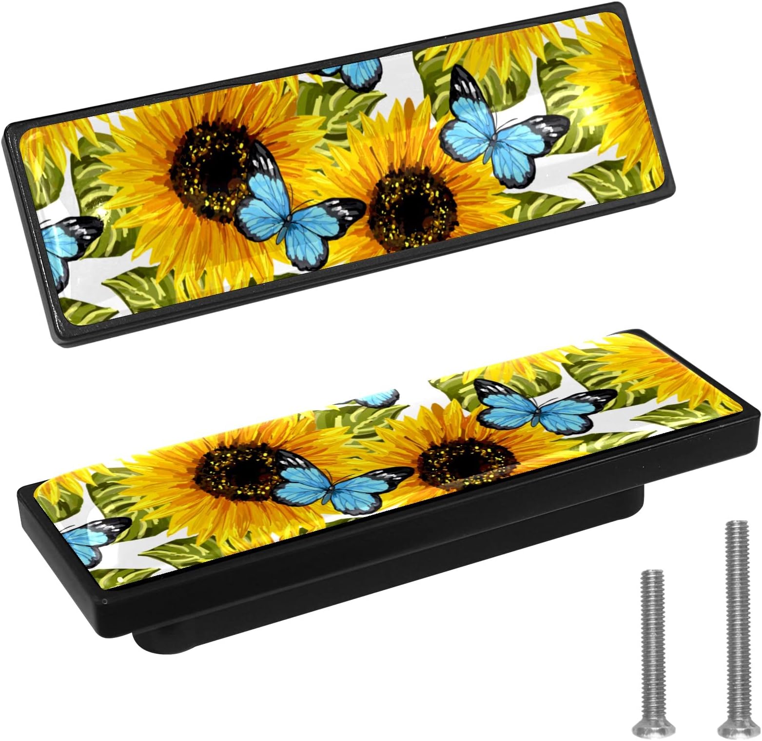LORVIES4 Pack 3.6" Floral Decorative Cabinet Knobs, ABS Glass Rectangle Double Holes, Cabinet Dresser Drawer Door Handles Pulls for Home Kitchen Bedroom (Sunflower and Butterfly)