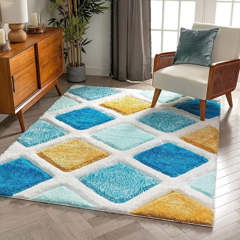 Image of Shaggy Area Rug for Living Room and Bedroom 6X9 FT Soft Plush Floor Carpet with Fluffy Texture, Modern Decorative Rug,Bedside and Indoor Spaces,Green-Yellow