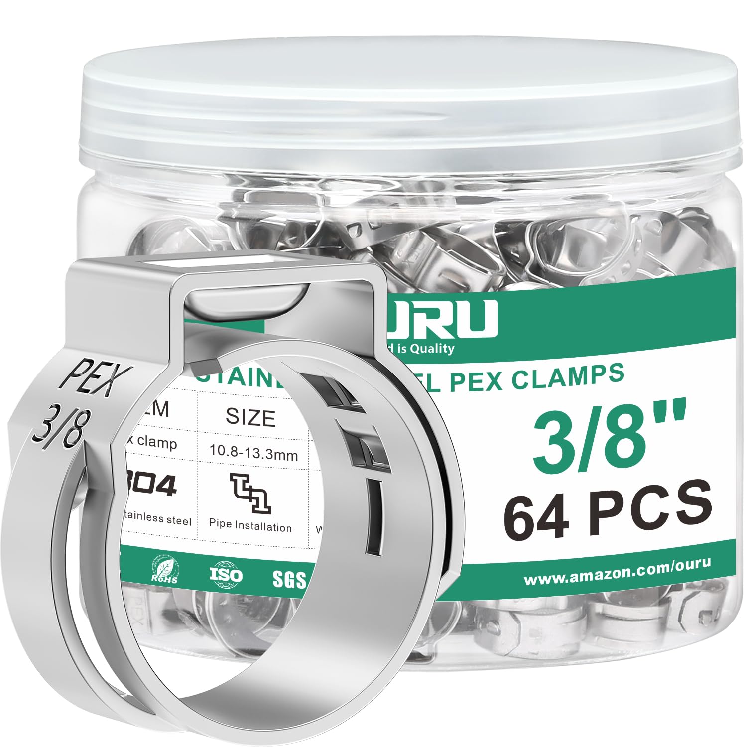 OURU 64PCS 3/8 Pex Crimp Rings, 304 Stainless Steel Pex Fittings