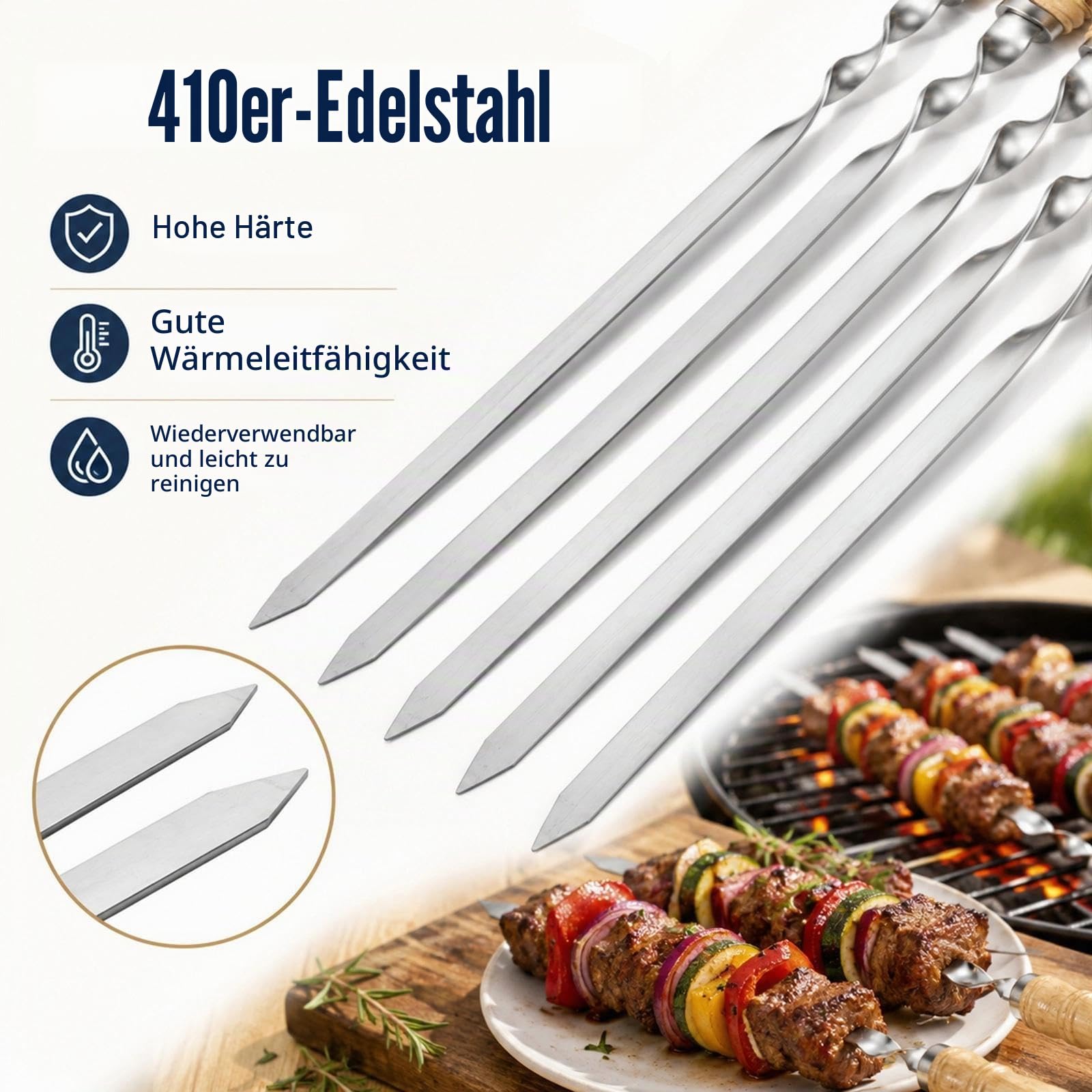 IMEEA 55cm Grillspieße Adana Spieße Wiederverwendbar Edelstahl Barbecue Grillspieße Spieße Schaschlikspieße mit Holzgriff(12 Stück）