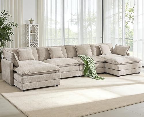 Miniatura 11 de Sofá seccional modular en forma de U, sofá esquinero de chenilla de gran tamaño, cómodo sofá nube con otomana chaise, sofás seccionales modernos de