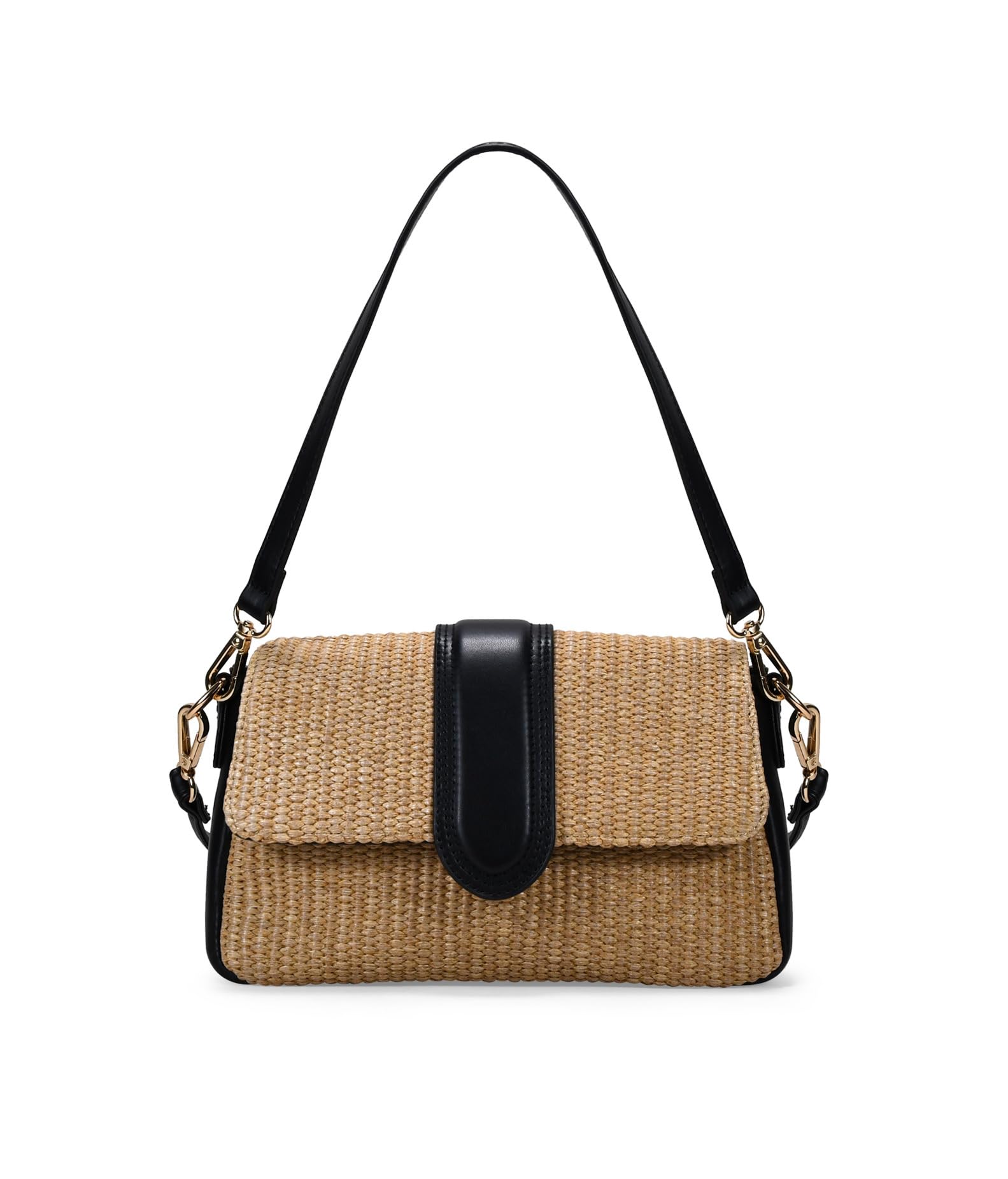 BOSANOVA Bolso de Hombro con Solapa en Rafia con Detalles a Contraste. Asa de Colgar y asa de Cruzar extraíbles. Cierre con imán y Cremallera. Negro U