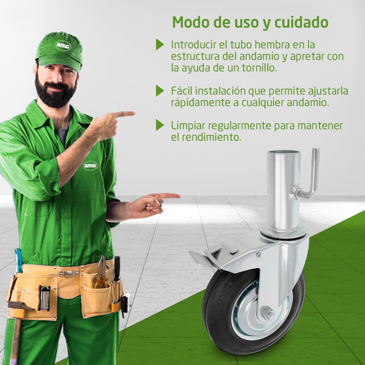 Amig - Rueda Andamio Hembra con Freno - Ø200 mm - Núcleo Metálico y Banda de Goma - Rodamientos de Rodillos - Soporta 200 kg - Ideal para Andamios y Suelos Interiores/Exteriores - Ruedas Giratorias