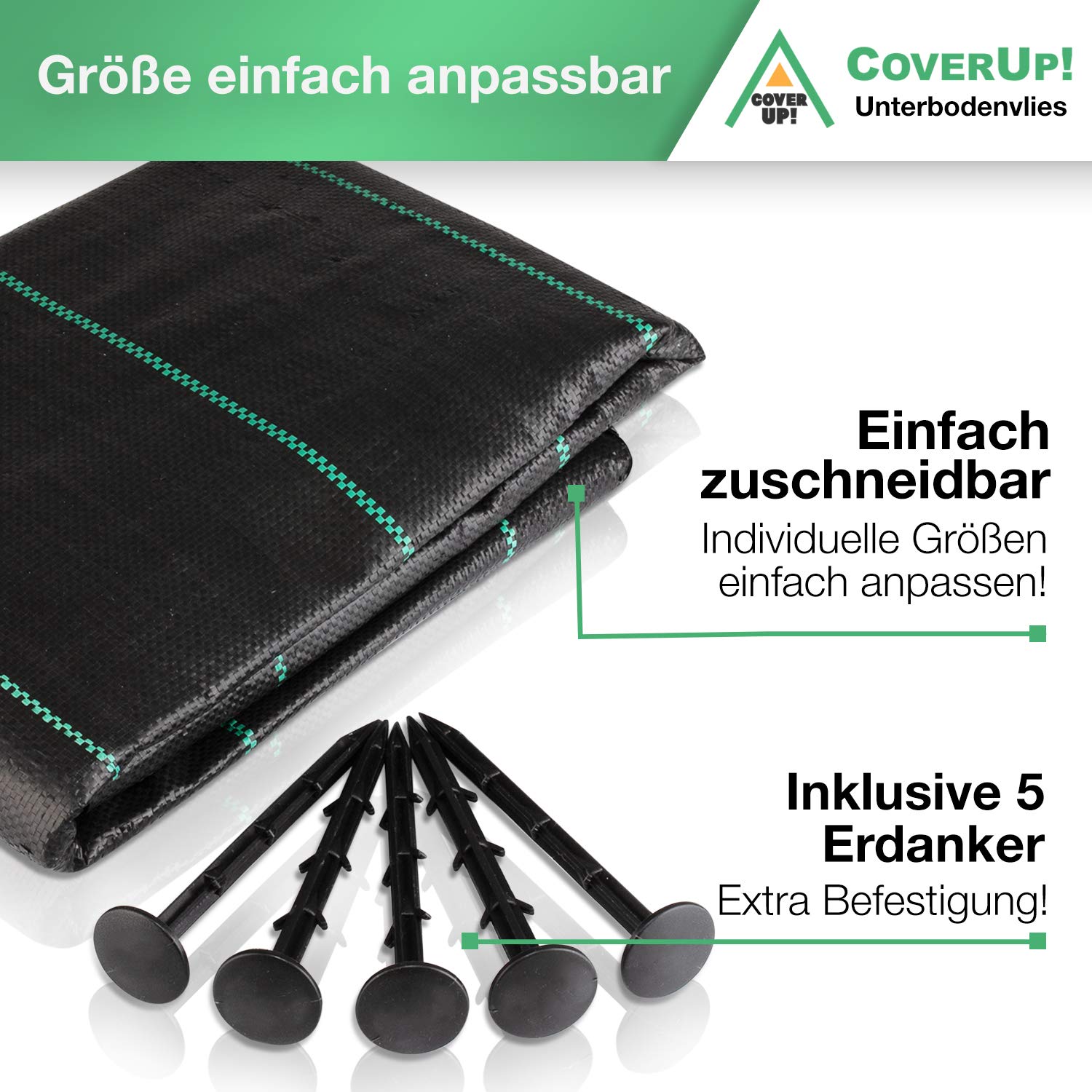 CoverUp! Tkanina przeciw chwastom 2 m x 5 m = 10 m² – włóknina ogrodowa włóknina przeciw chwastom przepuszczająca wodę (100 g/m²) – w zestawie 5 kotw gruntowych