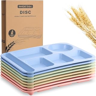 Pinkunn 8 Pcs Large 14 Inch Wheat Straw Divided Plates Unbreakable Divided Dinnerware Set Microwave Dishwasher Lunch Tray Lightweight Plates (Multicolor)