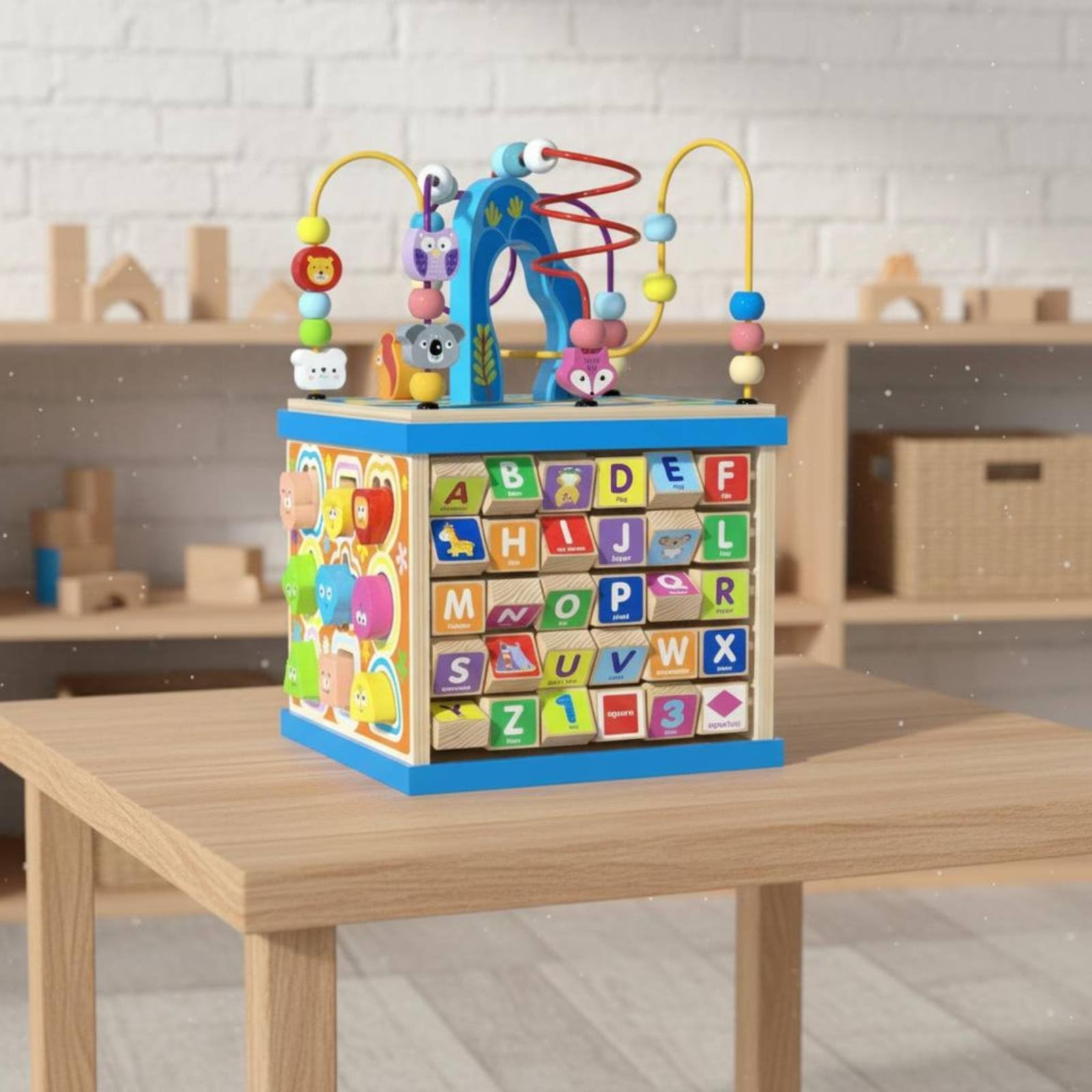 Kinder Drehperlen Motorikschleife Holzspielzeug mit Drehbarem Und Farbenfrohen Perlen für Spielteppich Kinderecke, Multifunktionaler Perlenlabyrinth-Schatzkasten Mit Alphabet