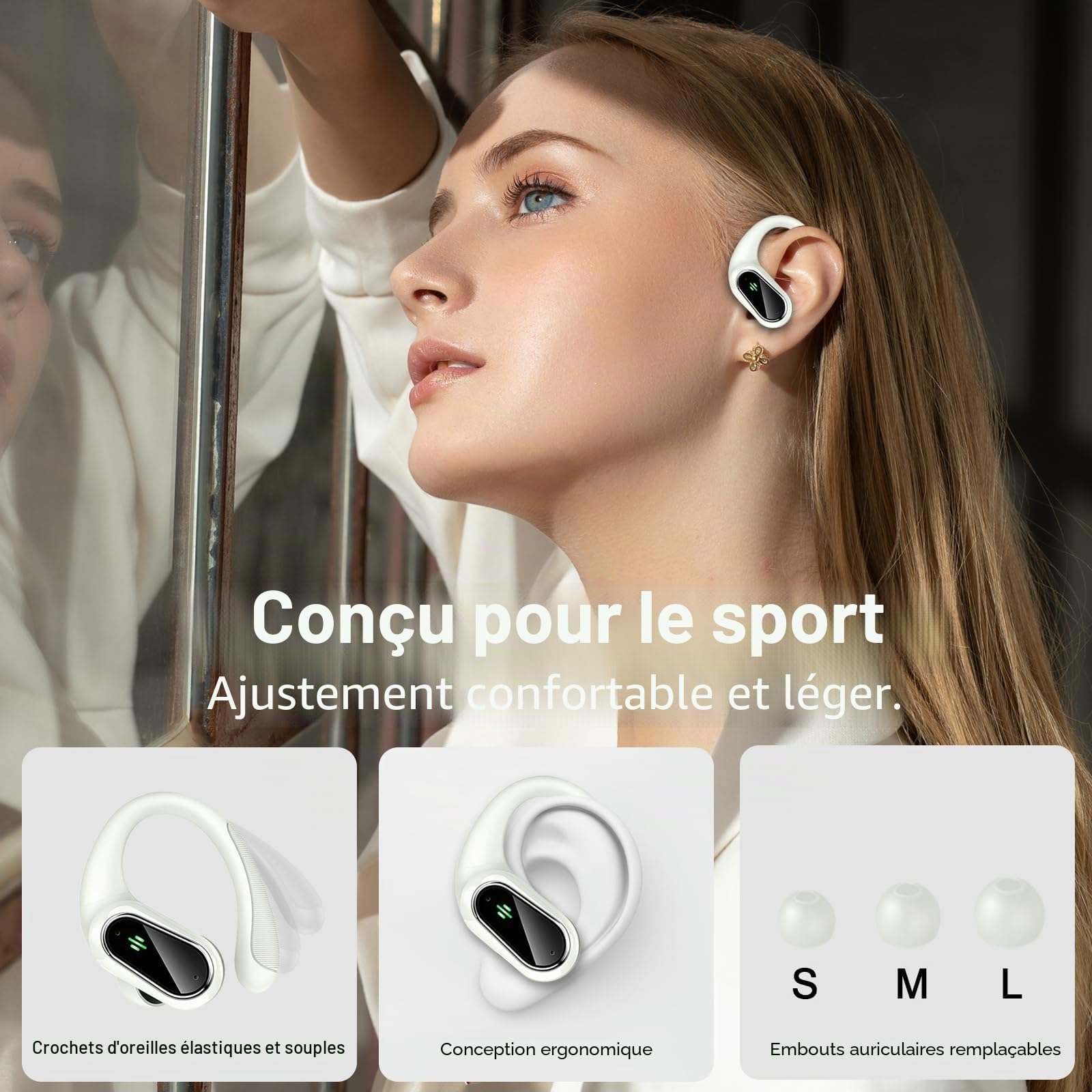 Ecouteurs Bluetooth sans Fil Sport, Oreillette Bluetooth 5.3 sans Fil avec 4 Enc Mic, Ip7 Étanche Casque avec Crochets d'oreille, 50H Écouteurs avec Écran LED, Earbuds HiFi Stereo, USB C