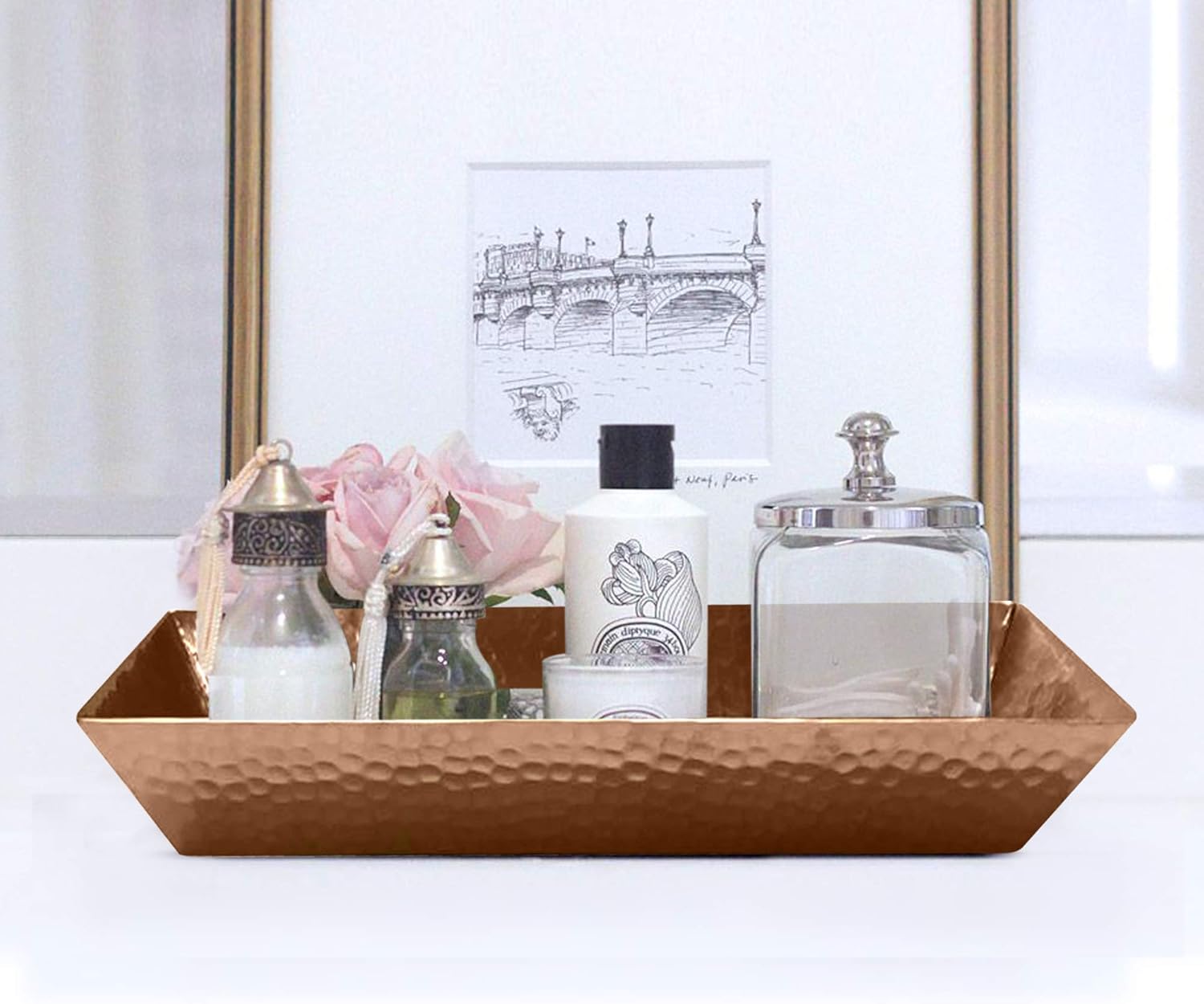 Small Polished Copper Hammered Metal Vanity Tray