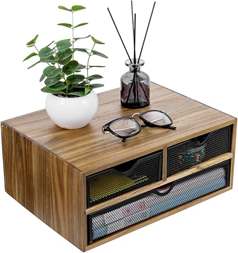 Miniatura 8 de MyGift Caja organizadora de escritorio rústica de madera maciza marrón quemada con 3 bandejas extraíbles de malla de metal negro, cajones de