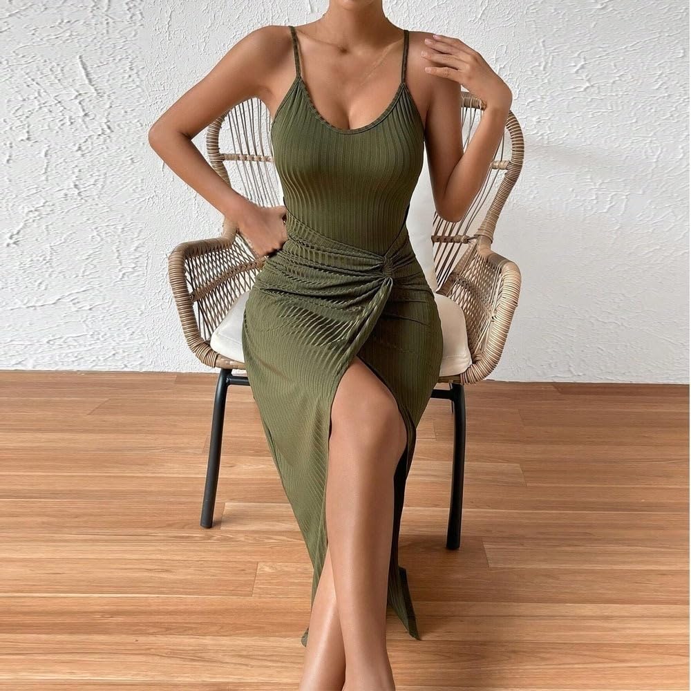 Genérico Vestidos Largos Ajustados para Mujer Sexys Sin Espalda con Tirantes Finos Escote En U Elegantes y Cómodos con Cintura Retorcida y Abertura Alta para Fiestas O Citas Informales.