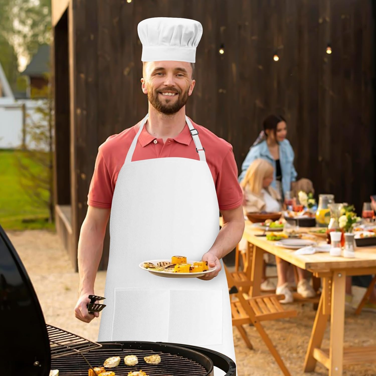 Chef Apron and Hat Set, Chef Hat and Kitchen Apron with Front Pockets for Adult thumbnail