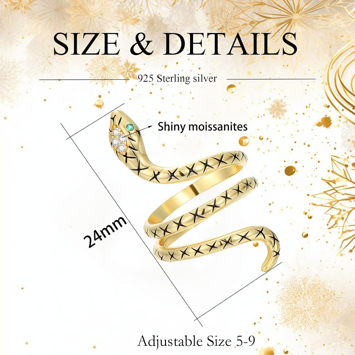 925 Sterling Silver Snake Ring for Women with Moissanite-Adjustable Vintage Snake Ring Open Snake Statement Ring Size 7-9