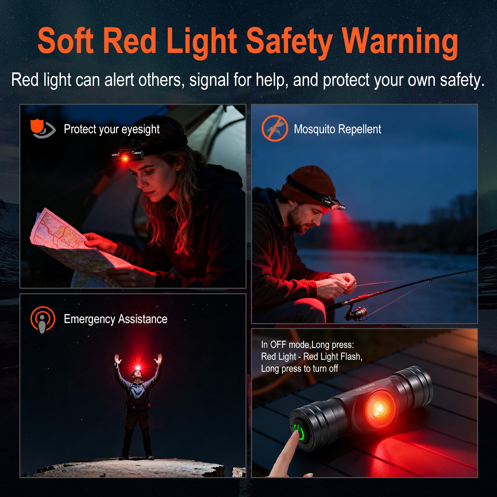 BORUIT HP400 Lampe frontale LED rechargeable avec lumière blanche et rouge, 650 lumens, super lumineuse, chargement USB-C, étanchéité IP67, 7 modes pour course à pied, camping, randonnée, pêche