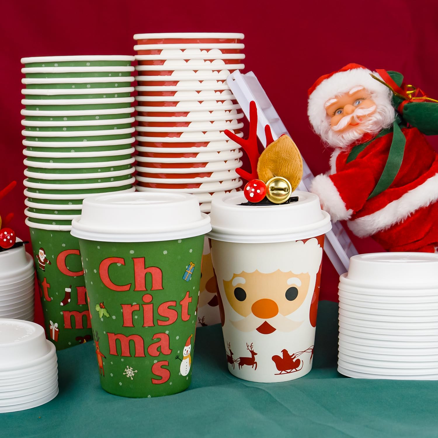 Ginkgo Bicchieri da caffè natalizi con coperchio, 350 ml, bicchieri di carta usa e getta con Babbo Natale, per decorazioni natalizie, confezione da 40