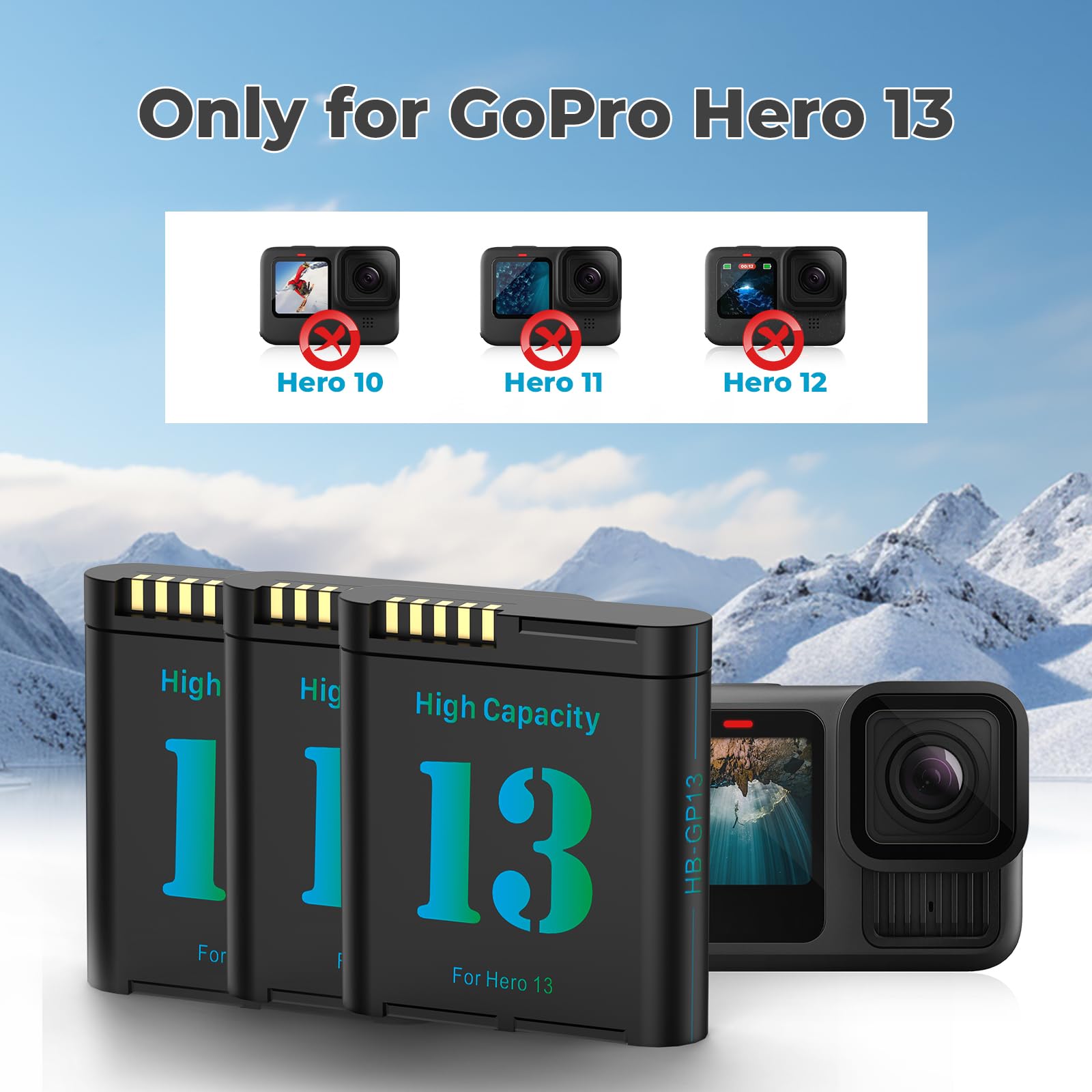 3-Stück Hero 13 Akku Ladegerät Kit 2800mAh Ersatzakkus Typ-C LED Dreikanal-Ladegerät für Hero 13 Black Vollkompatibel mit Original(3 Stück Batterie + 1 Stück Ladefach)