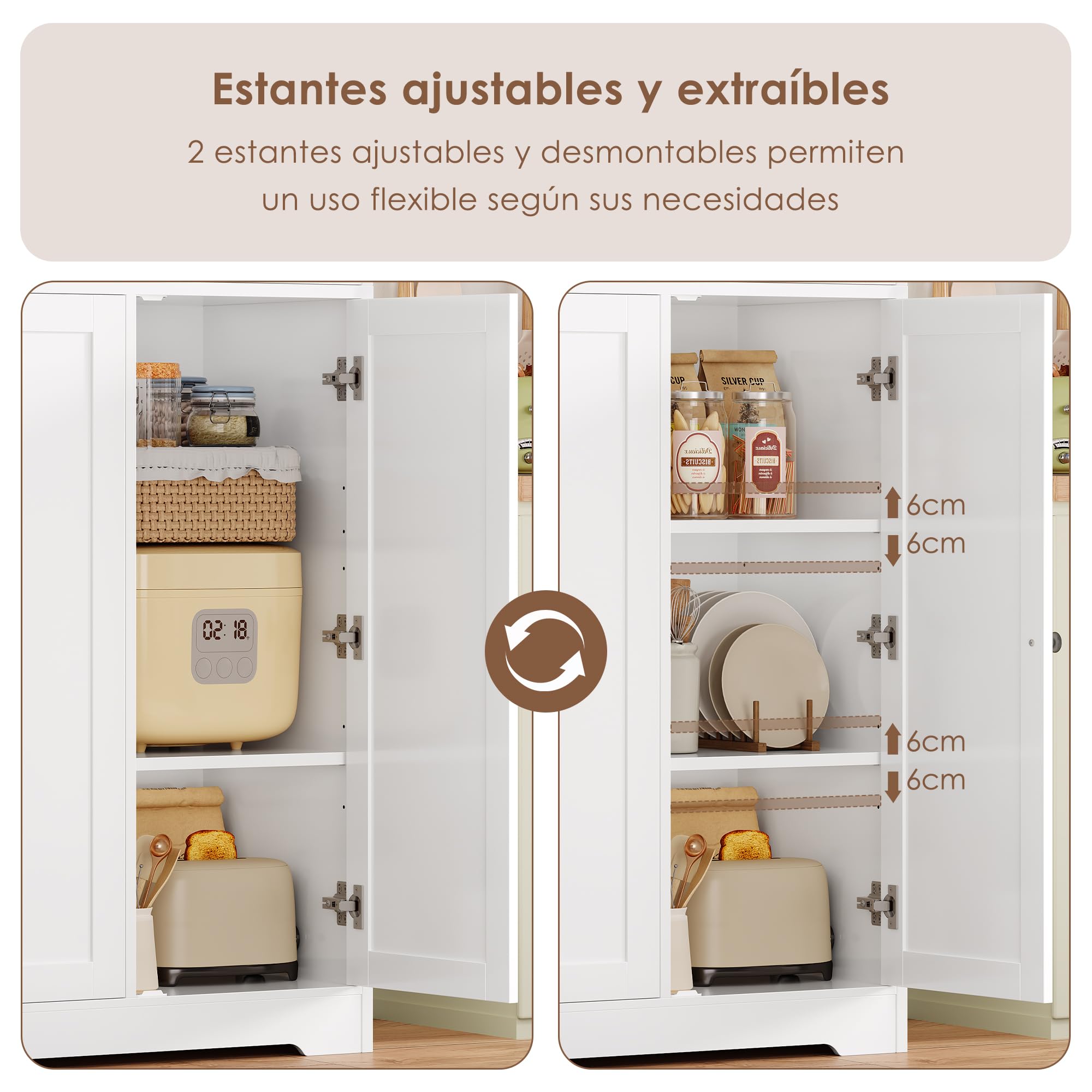 FirFurd Alacena Cocina, Armario Cocina Almacenaje, 6 Puertas | Muebles de Cocinas, Armario Despensa Cocinas, Estantes Ajustables, Blanco, 106x37x180cm