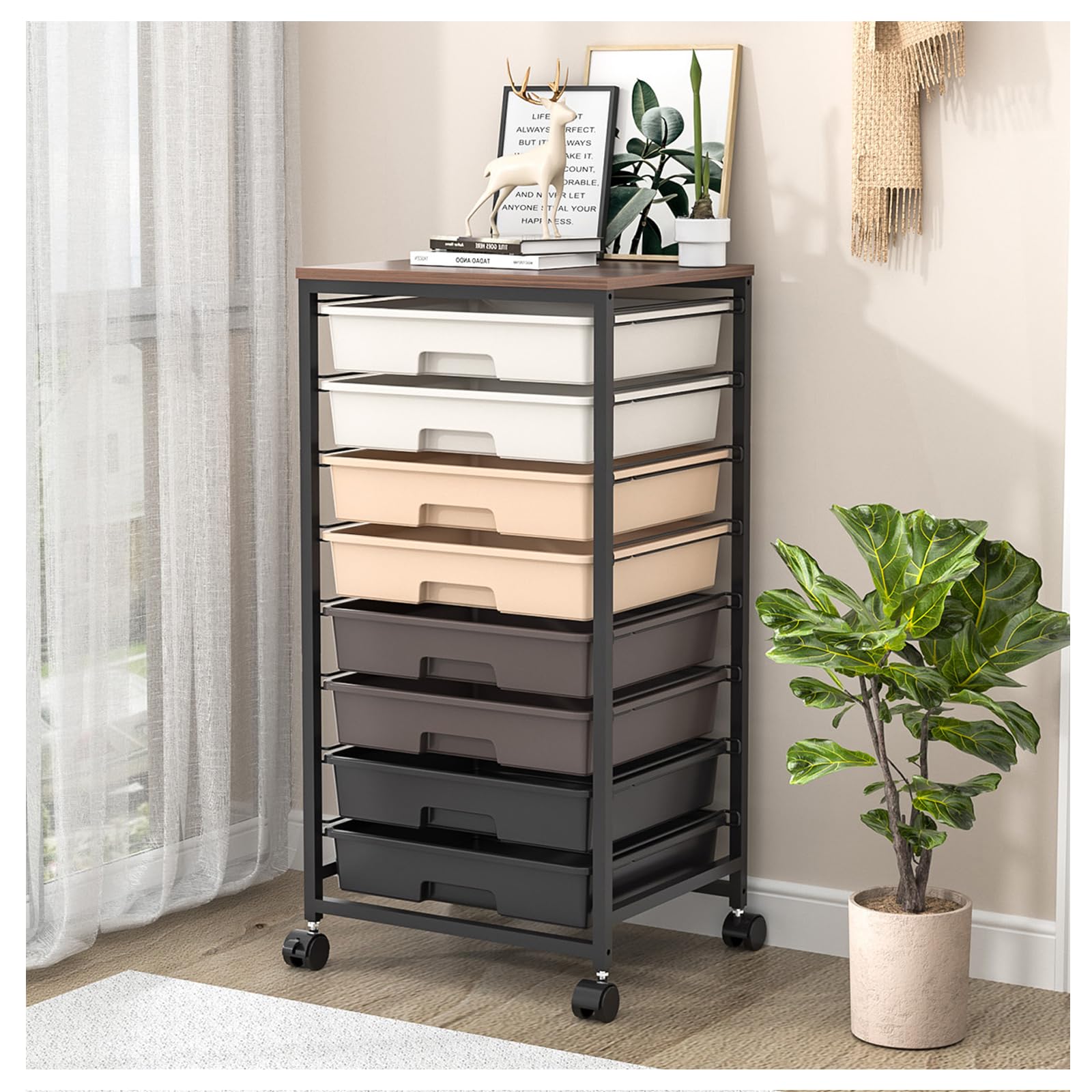 SYKIARIOL 8 Drawers Storage Trolley, Utility Storage Cart on Lockable Wheels with Plastic Drawers, Multipurpose Mobile Organizer Unit for Living Room,Bedroom,School,Beauty, Dark BrownGlobal Recycled StandardGlobal Recycled StandardGlobal Recycled Standard