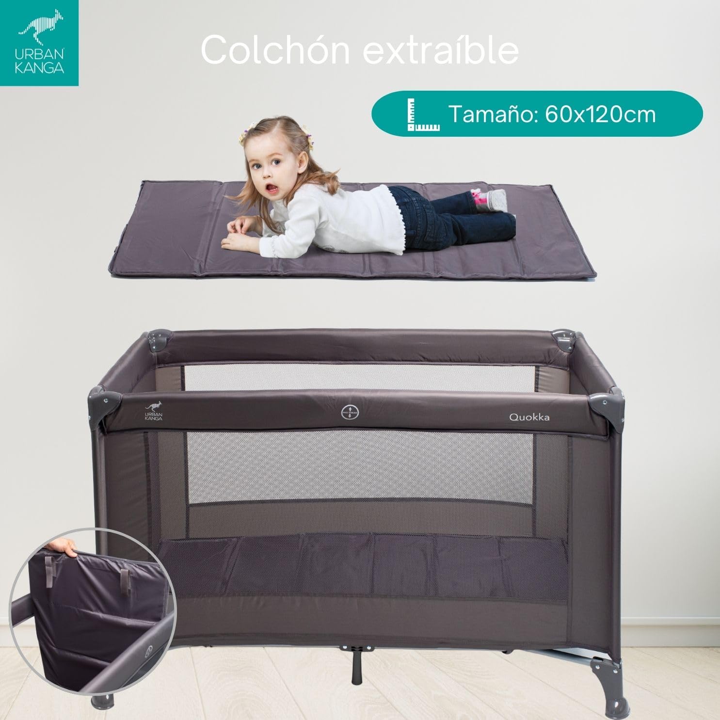 Urban Kanga QK Cuna de Viaje para Bebé con Colchón Plegable y Portátil 60x120cm (Gris, QK)