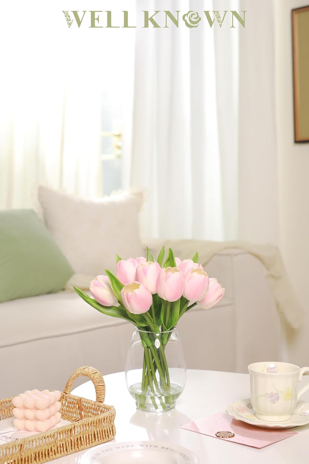 WELL KNOWN 12 Pcs Tulips Artificial Flowers in Vase, Real Touch Tulips with Vase with Upgrate Acrylic Water Flower Arrangements Centerpiece for Dining Room Table Decoration（Pink） - Image 7