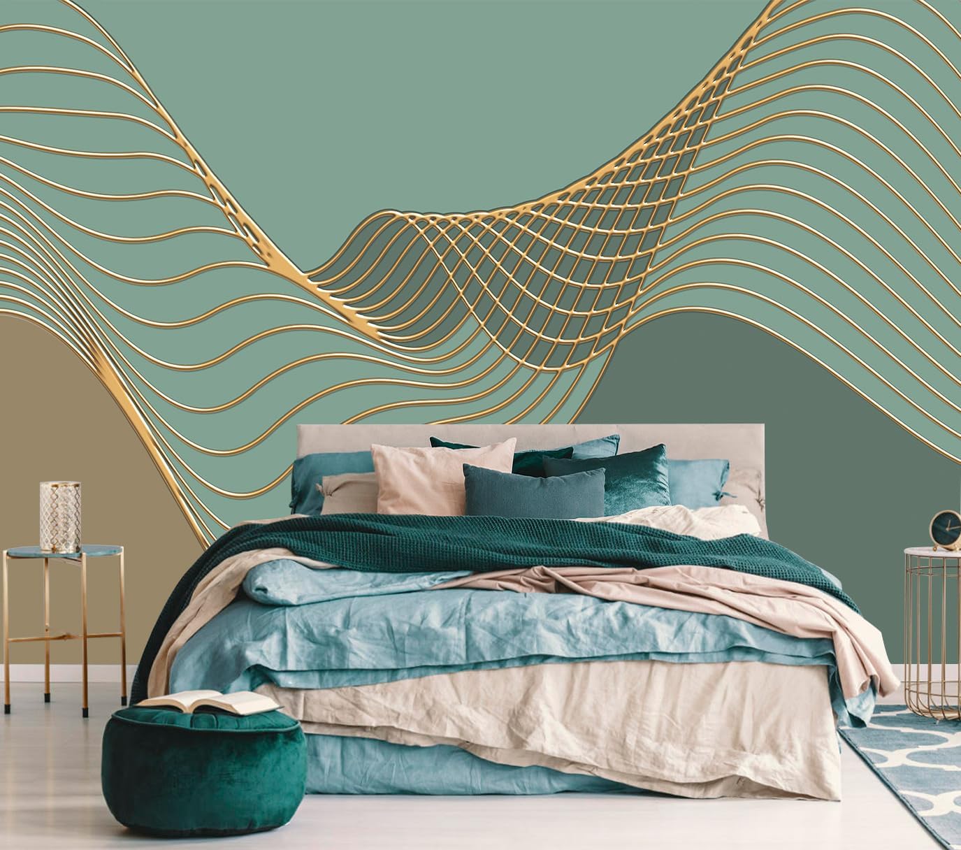 Green and Brown Elegant Abstract Lines Wallpaper Mural - Peel and Stick for Living Room and Bedroom 82"x57"