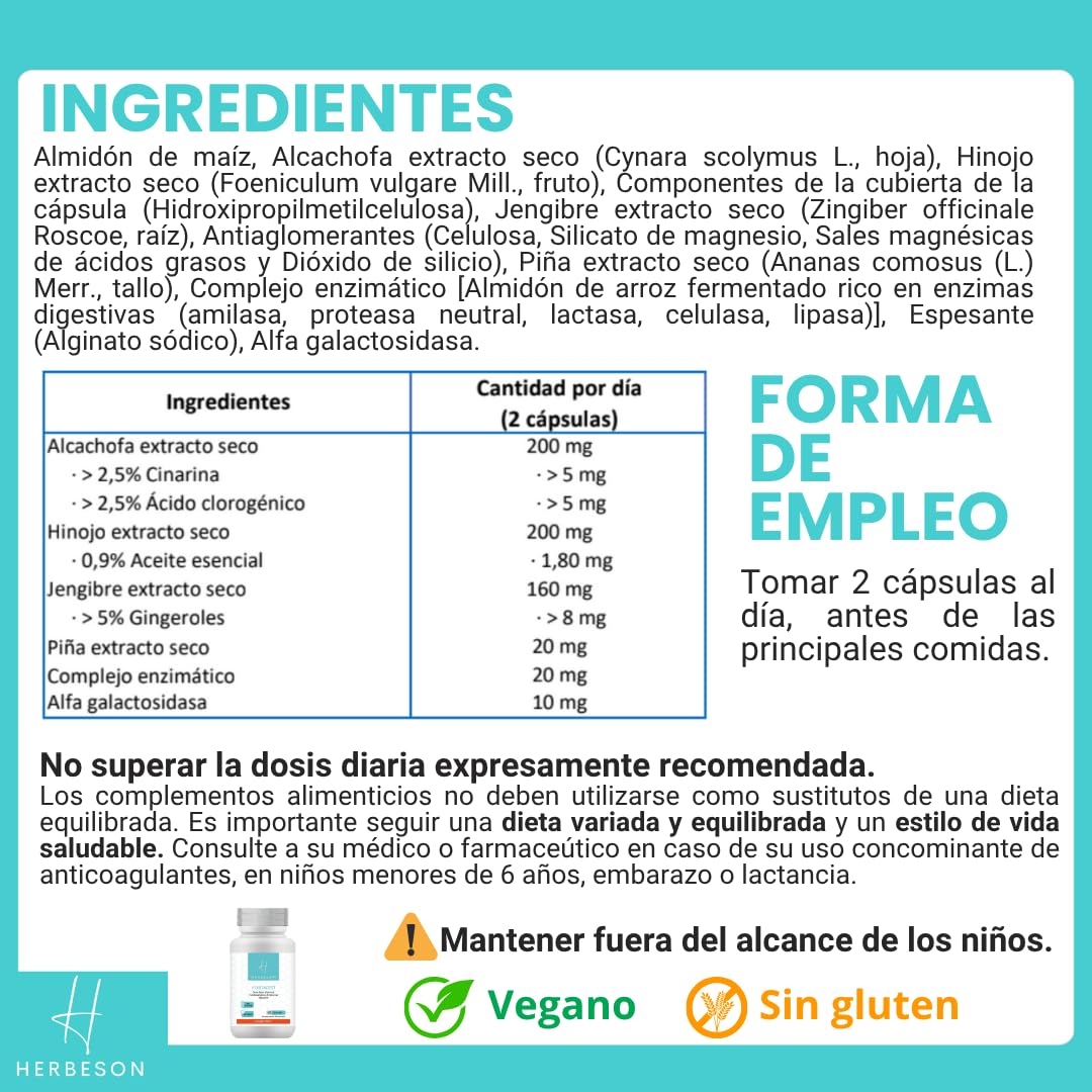 Confort digestivo y vientre plano con Alcachofa, Hinojo y Jengibre – HERBESON HERB DIGEST | Complemento vegano sin gluten con enzimas digestivas y Piña – 60 cápsulas (60)