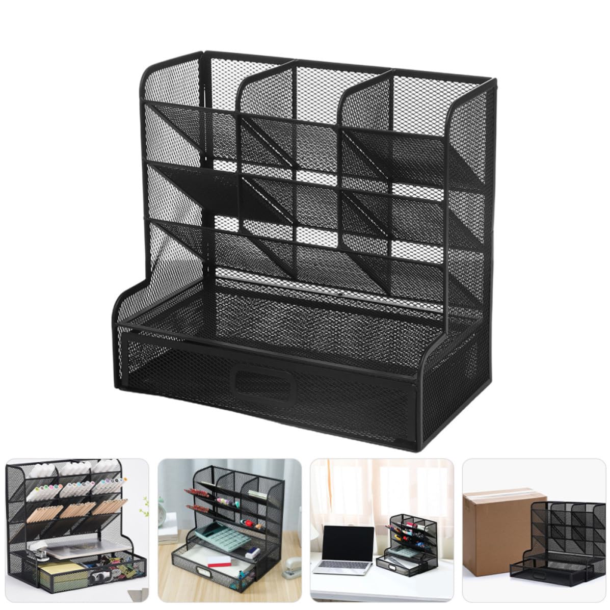 Amosfun Metall Stiftehalter mit Fächern Mehrschichtiger Organizer für Schreibtisch Büro Arbeitszimmer Aufbewahrung Großer Kapazität Platzsparend Stabiler Dokumentenhalter Schwarz
