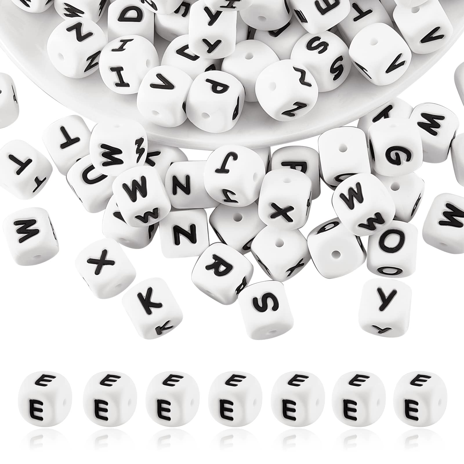 BEEFLYING 20 Pieces White Cube Letter Silicone Beads 12mm Square Dice Alphabet Initial Large Hole Loose Spacer for Bracelet Necklace Jewelry Making Decoration (Letter E)