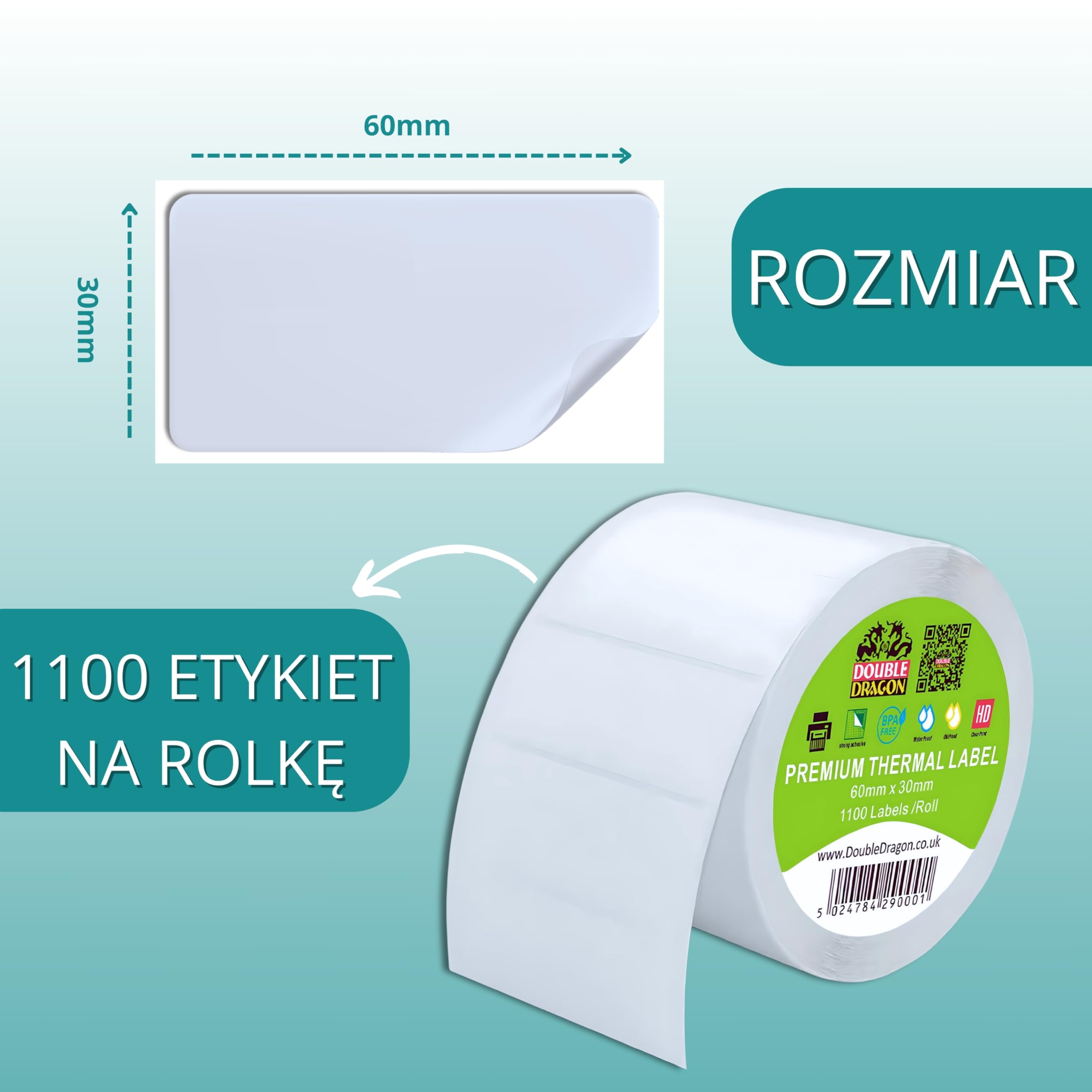 Double Dragon, 1.100 etykiet termicznych bezpośrednich, 60 mm x 30 mm | Premium pokryte, samoprzylepne białe naklejki | Odporne na zarysowania | Kompatybilne z drukarkami Zebra, MUNBYN, Rollo