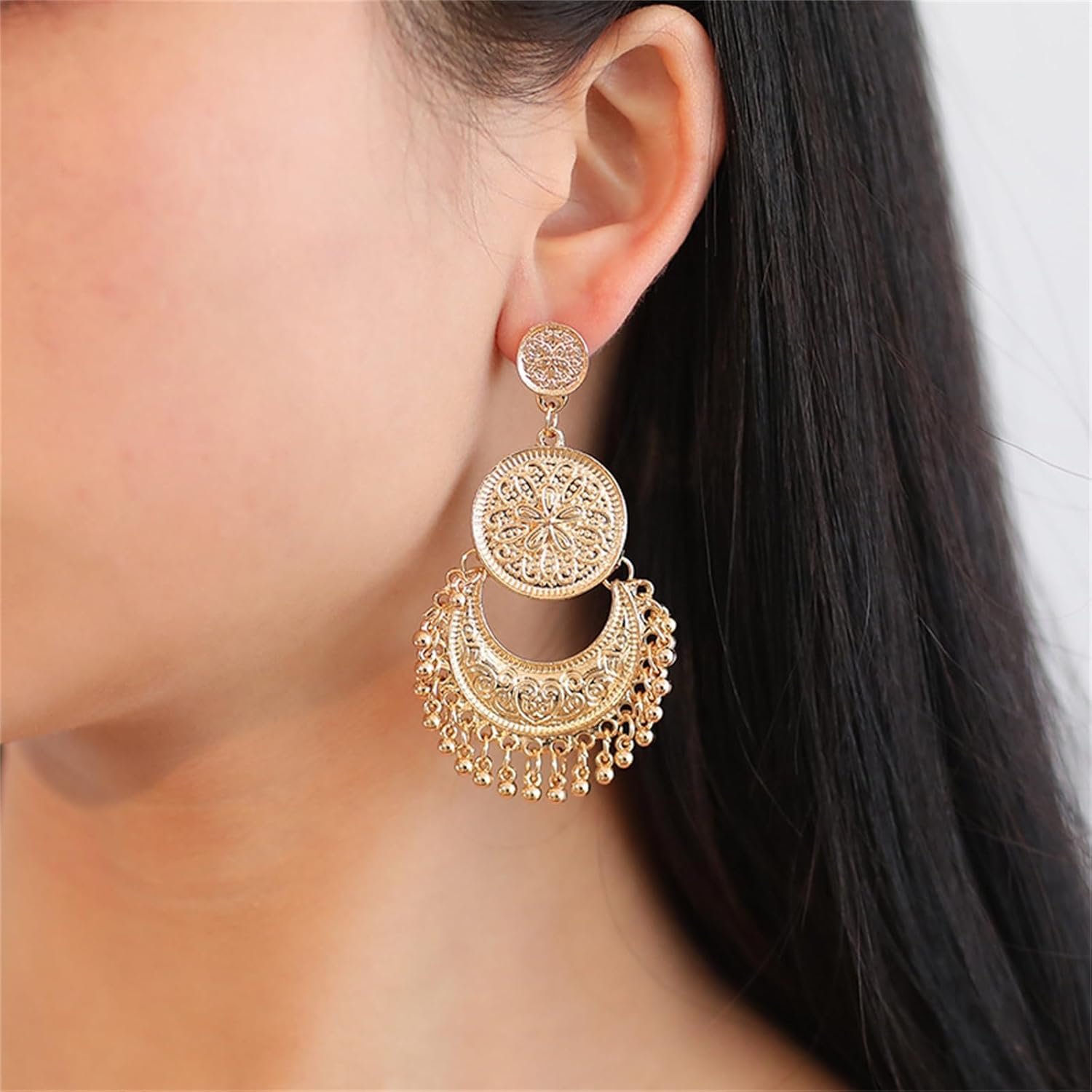 Vintage Chandelier Earrings Beaded Tassel Earring for Women Bohemian Ethnic Retro Style Gold Silver Chandelier Tassel Dangle Drop Earrings Boho Statement Cut-out Dangling Chandelier Earrings Charm Hollow Crescent Carved Round Bead Tassel Earrings Personalized Mexico Gypsy Dangle Earrings Jewelry - Image 3