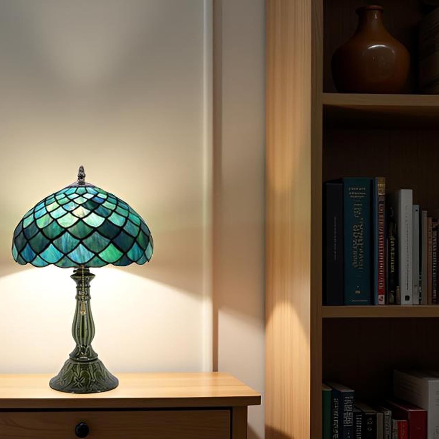 Tiffany Lamp Stained Glass Table Lamps Sea Blue Fish Scales Style Desk Lamp12X12X18.5 Inch Bronze Ceramic Base Reading Light Suitable for Bedside Bedroom Living Room Dining Room Office