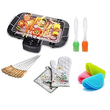 Dk Home Appliances Barbecue Grill Machine Outdoor Multi Function Double Electric Oven 2000W Barbecue with Barbecue Stick and Net Basket, Spatula & Oil Brush - 12 Pieces, Black