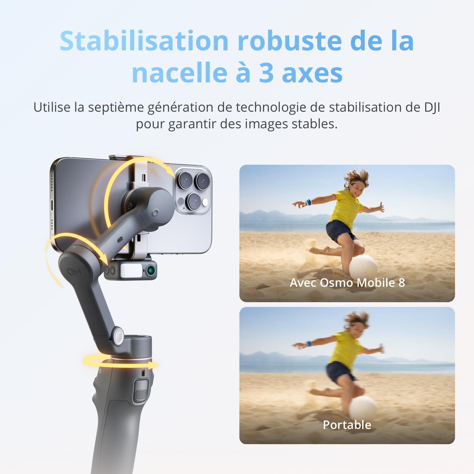 Nacelle stabilisatrice pour Smartphone DJI Bundle Suivi avancé Osmo Mobile 8, Suivi natif IA avec Audio et éclairage, Rotation panoramique à 360°, Barre d’Extension et trépied intégrés