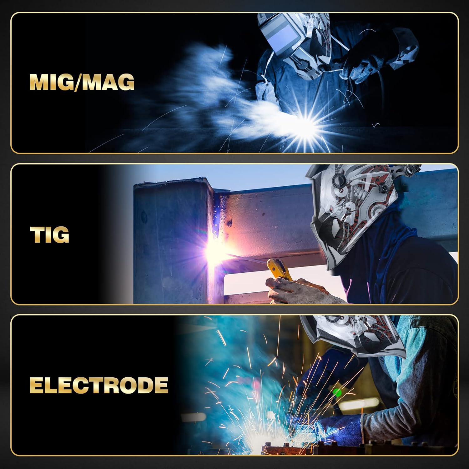 Images depicting the welding helmet being used for MIG/MAG, TIG, and Electrode welding processes.