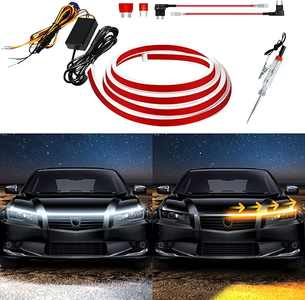 Exterior Car LED Hood Light Strip,Dual Color Dynamic Scan Start Up Hoodbeam Kit,Led Daytime Running Lights White&Amber Switchback Sequential Turn Signal Lights for Cars, Trucks,SUV(59inch/1set)
