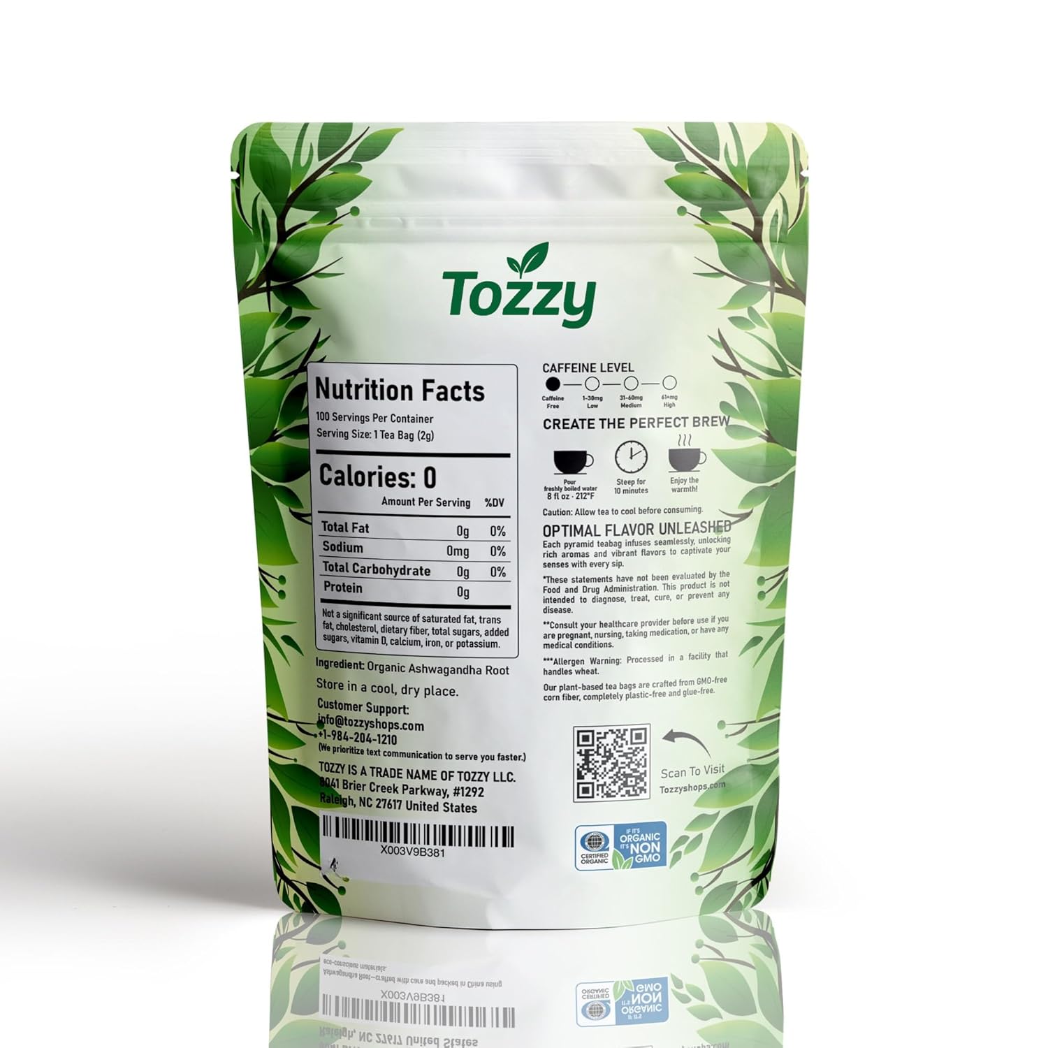 Tozzy Organic Ashwagandha Tea – 100 Count, Plant-Based Pyramid Tea Bags