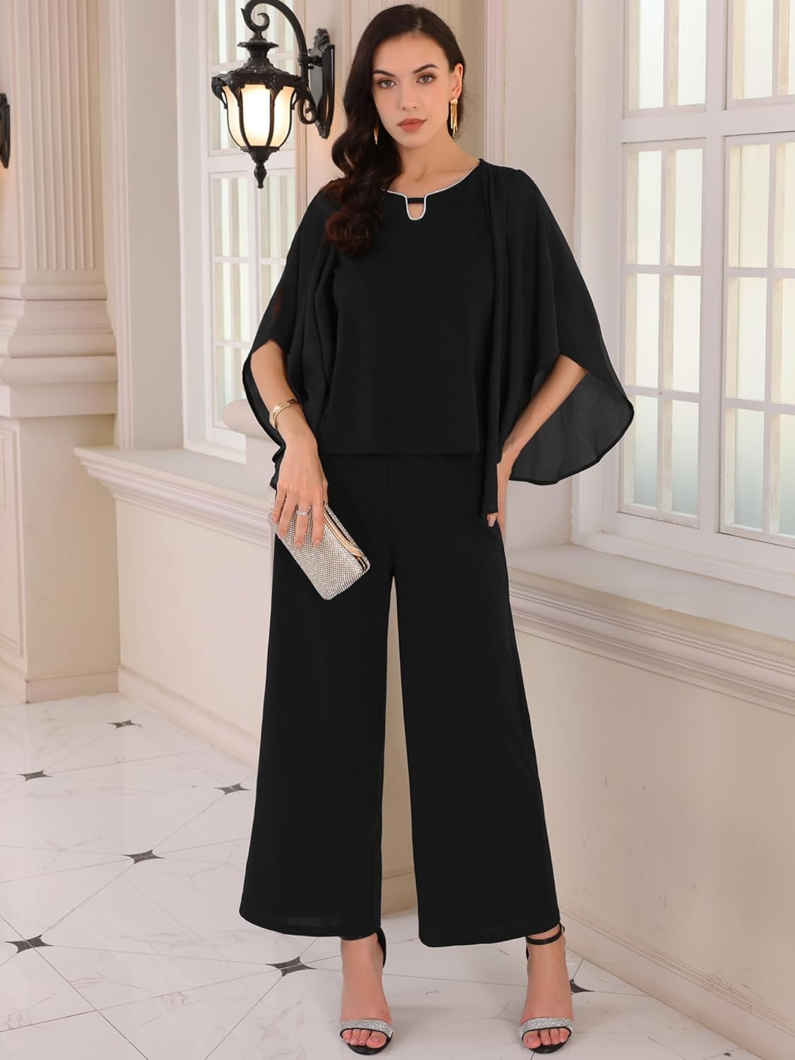 Women's Dressy Pantsuits Wedding 2 Pieces Sets Formal Chiffon Top Mother of Bride Pants Suits - Image 3