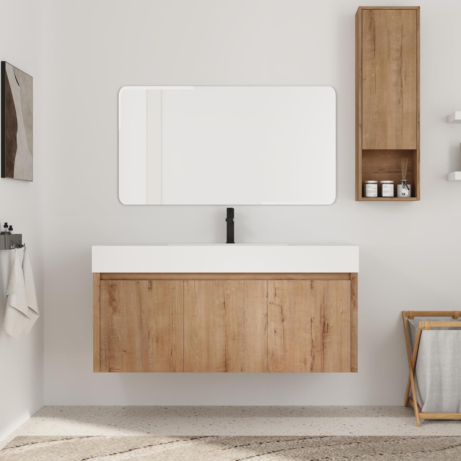 48 Inch Bathroom Vanity with Sink, 48” Floating Vanity Combo, Plywood Bathroom Cabinet with White Glossy Resin Sink, Modern Wall Mounted Cabinet Set, Including a 12" Small Cabinet with Open Shelf