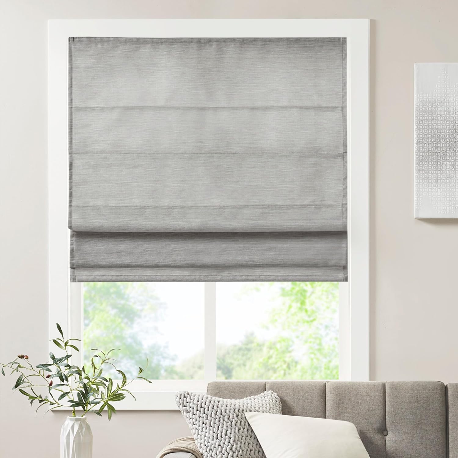 Madison Park Galen Cordless Fabric Privacy Single Panel Darkening, Energy Efficient Roman Shade, Window Curtain, 35"W x 64"L, Printed Faux Silk Grey
