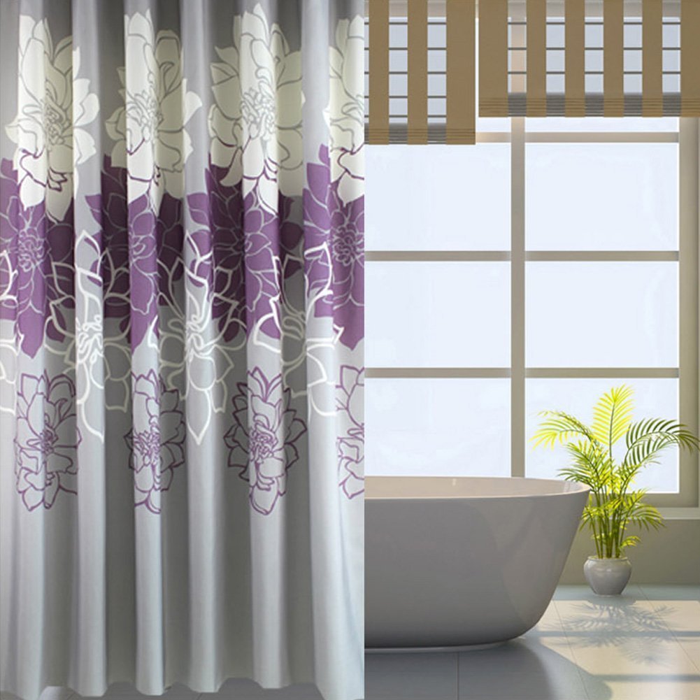 Sfoothome Gray Background and Flower Pattern, Waterproof Washable Printed Polyester Fabric Shower Curtain for Bathroom (Purple 60Inch72Inch)