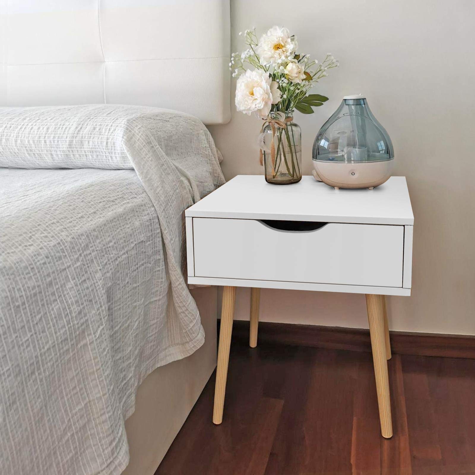 Yaheetech 2 Piezas Mesillas de Noche Dormitorio Nordica Mesitas de Noche | con Pata Madera Maciza Mesa Auxiliar con Cajón 48,5x41x57,5cm para Dormitorio Sala de Estar Salón Blanca
