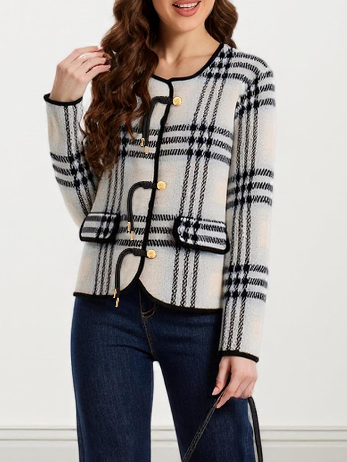 HOULENGS Women's Vintage Button Down Cardigan Sweater Plaid Print Long Sleeve Knit Coat Fall Fashion Outerwear with Pockets - Image 4