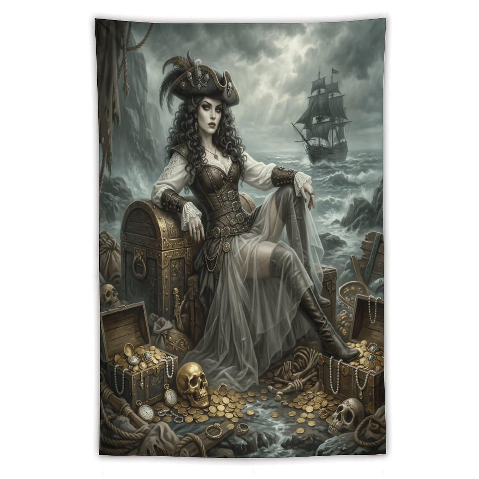 H3B8U2Y5 Pirate Queen Treasure Chest Wall Tapestry, College Dorm