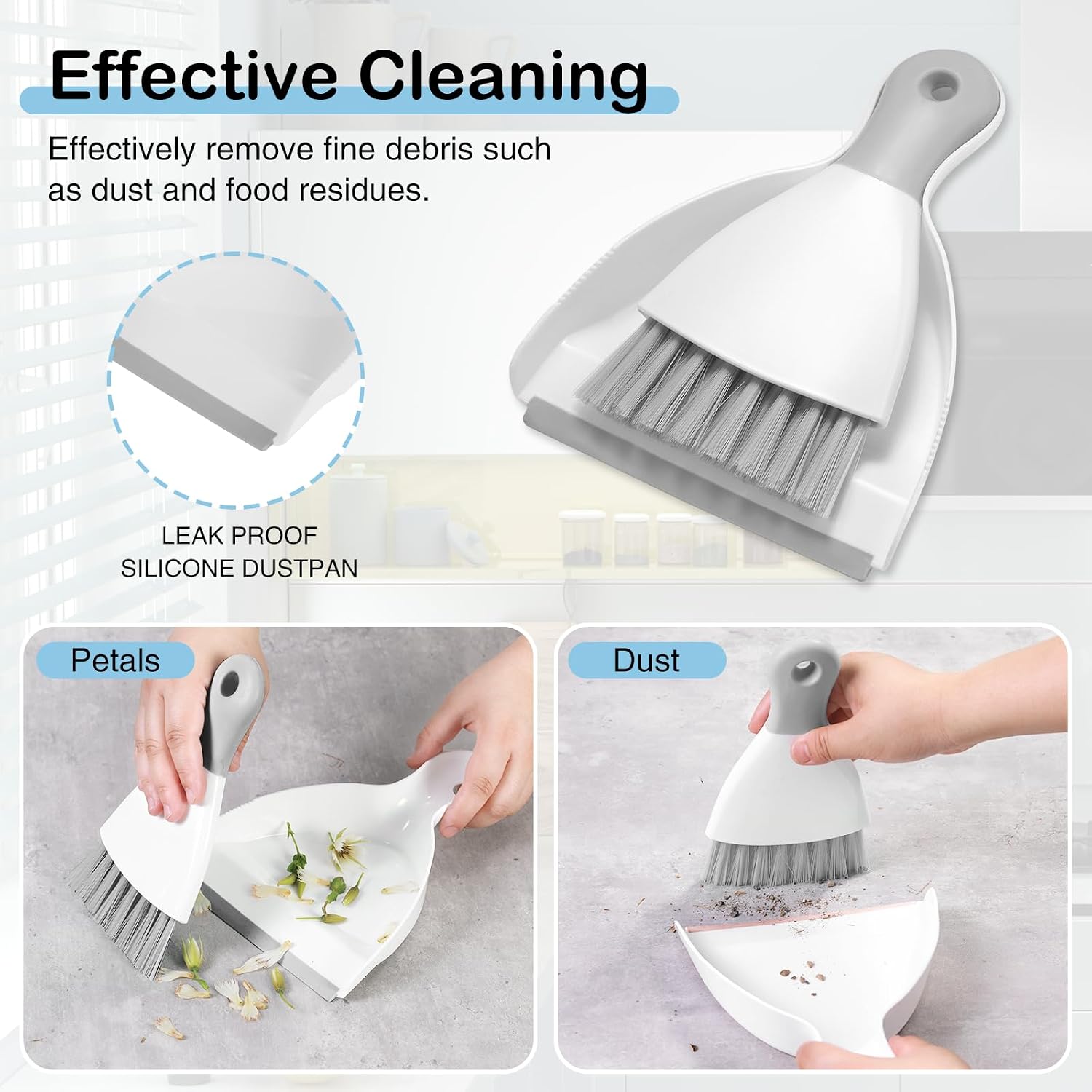 NACENA Mini Dustpan and Brush Set, 2 Pack, White & Gray