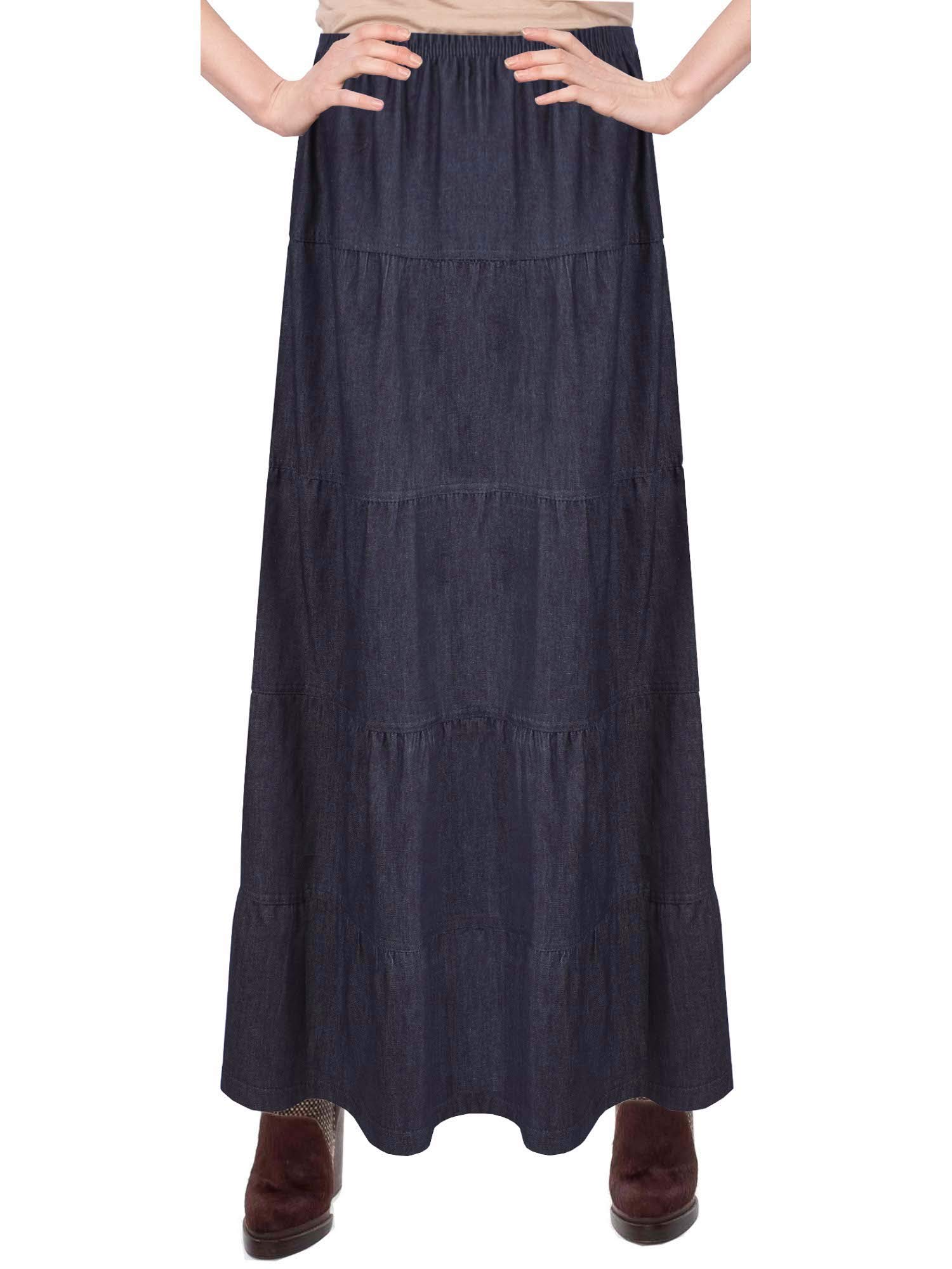 Baby'O Women's Ankle Length Tiered Long Denim Prairie Skirt