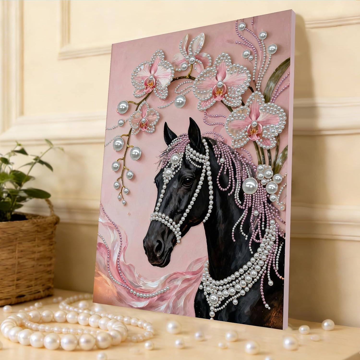 POETRYDRAW DIY Diamond Pearl Painting Kit for Adults Horse Flower, Beginner Friendly Craft Kits with Frame 30x40cm, Home Decor Housewarming Gift, Diamond Dots Beads Canvas Art for Wall Decor
