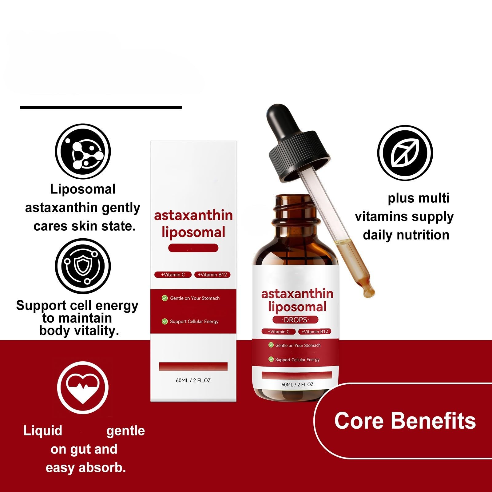 Liposomales Astaxanthin Liquid – Haut- und Augenunterstützung, 2 FL OZ | Frische Mikroalgenquelle – Vitamin C und E – unterstützt das Immunsystem, die Vitalität, gentechnikfrei, glutenfrei, alkoholf