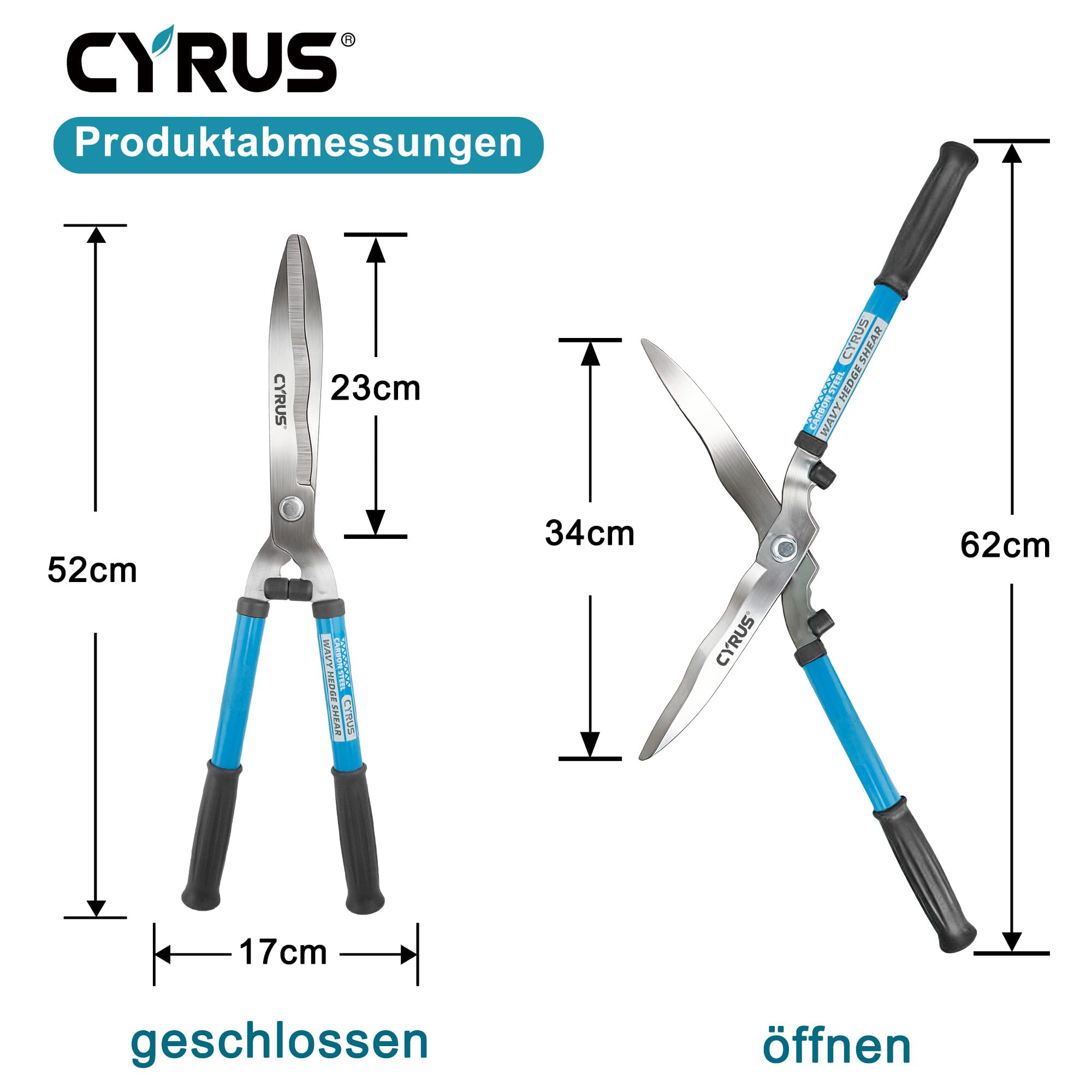 CYRUS heckenschere manuell,Hochwertige Wellenschliff-Stahlklinge,ergonomischer rutschfester Griff,Ideal für Garten-Heckenschnitt an Rabatten und Sträuchern,Länge 52cm